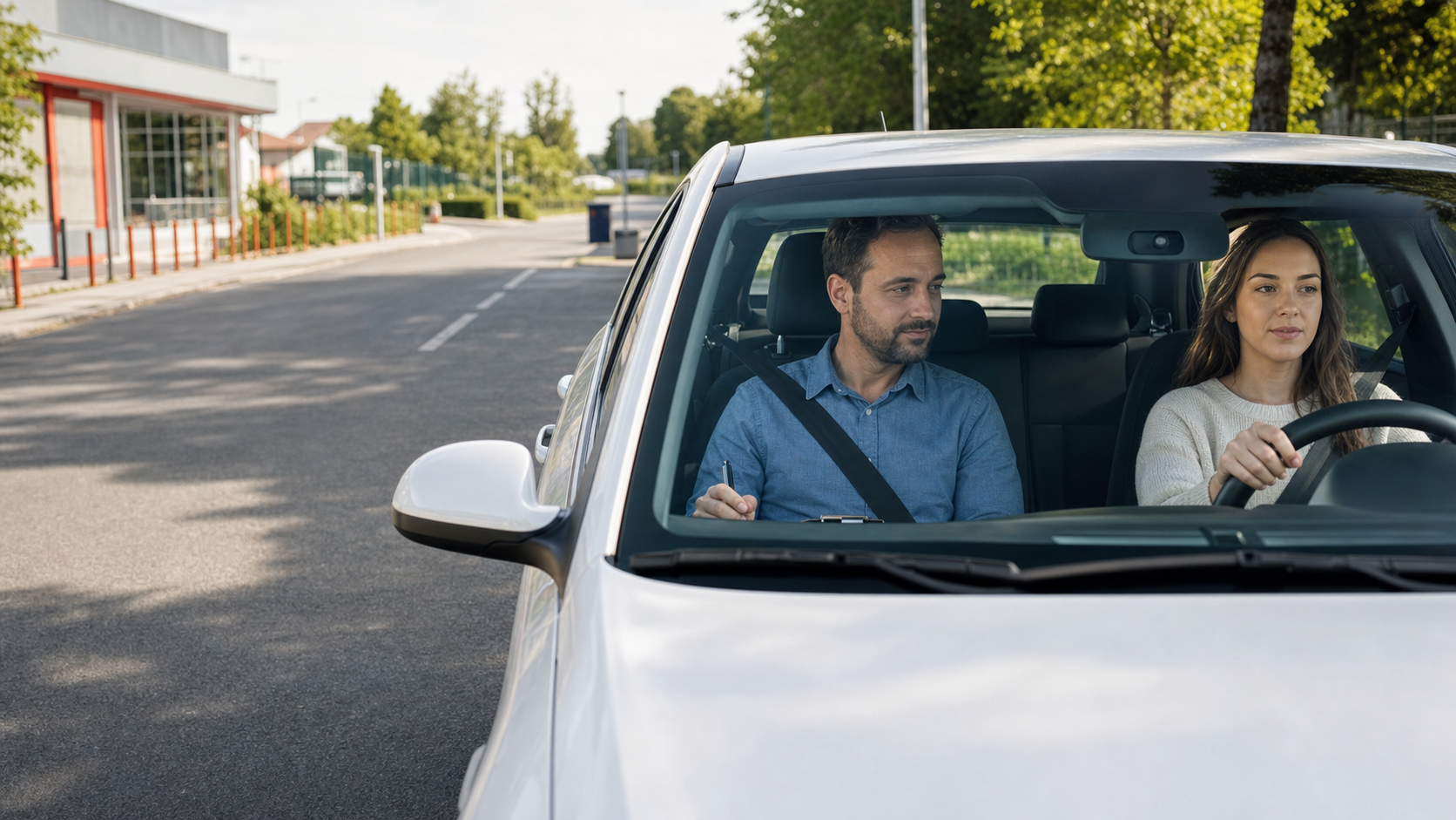Une élève au volant accompagnée par son moniteur ESR